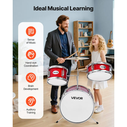 VEVOR Kids Drum Set 3-Piece Beginner Drum Kit with 355.6 mm Bass Drum (Red)