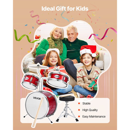 VEVOR Kids Drum Set 3-Piece Beginner Drum Kit with 355.6 mm Bass Drum (Red)