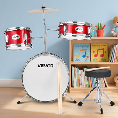 VEVOR Kids Drum Set 3-Piece Beginner Drum Kit with 355.6 mm Bass Drum (Red)
