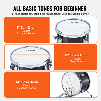 VEVOR Kids Drum Set, 3-Piece, 355.6 mm Beginner Drum Set with Adjustable Throne