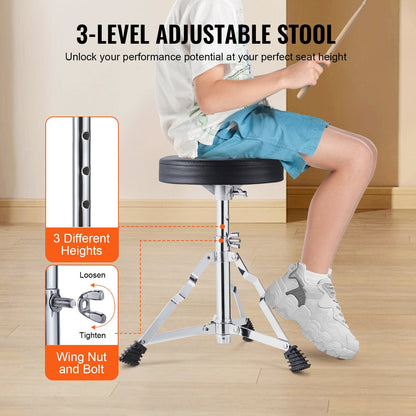 3-Piece Kids Drum Kit with Adjustable Seat and Accessories, Black, 0.36 Meter Drums