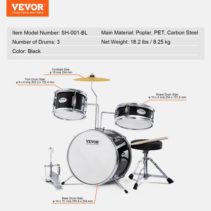 3-Piece Kids Drum Kit with Adjustable Seat and Accessories, Black, 0.36 Meter Drums