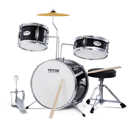 3-Piece Kids Drum Kit with Adjustable Seat and Accessories, Black, 0.36 Meter Drums