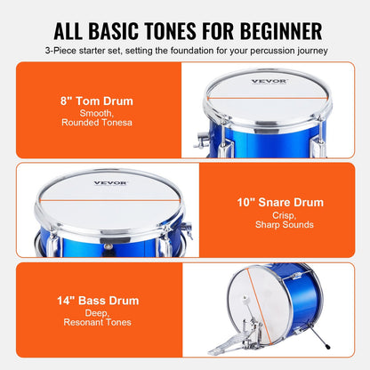 3-Piece Kids Drum Kit with Adjustable Throne - Blue, 0.36m Drums, 8.25 kg