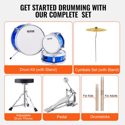 VEVOR Kids Drum Set, 3-Piece, 355.6 mm Beginner Drum Set with Adjustable Throne