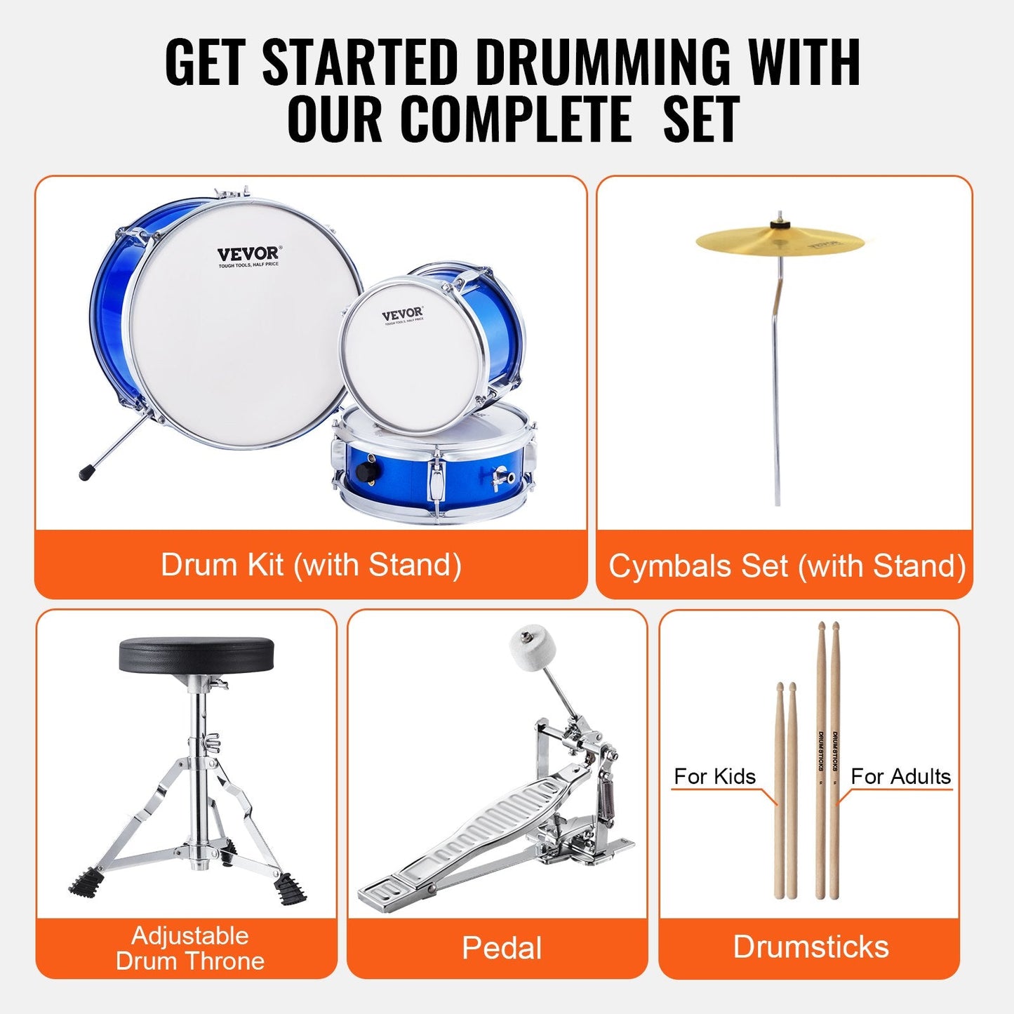 3-Piece Kids Drum Kit with Adjustable Throne - Blue, 0.36m Drums, 8.25 kg