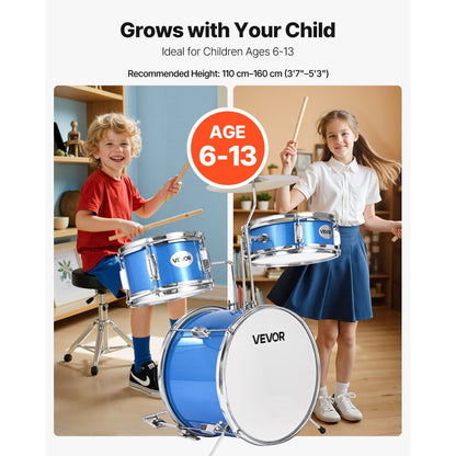 VEVOR Kids Drum Set 3-Piece Beginner Drum Kit with 355.6 mm Bass Drum (Blue)