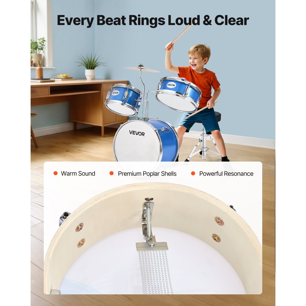VEVOR Kids Drum Set 3-Piece Beginner Drum Kit with 355.6 mm Bass Drum (Blue)