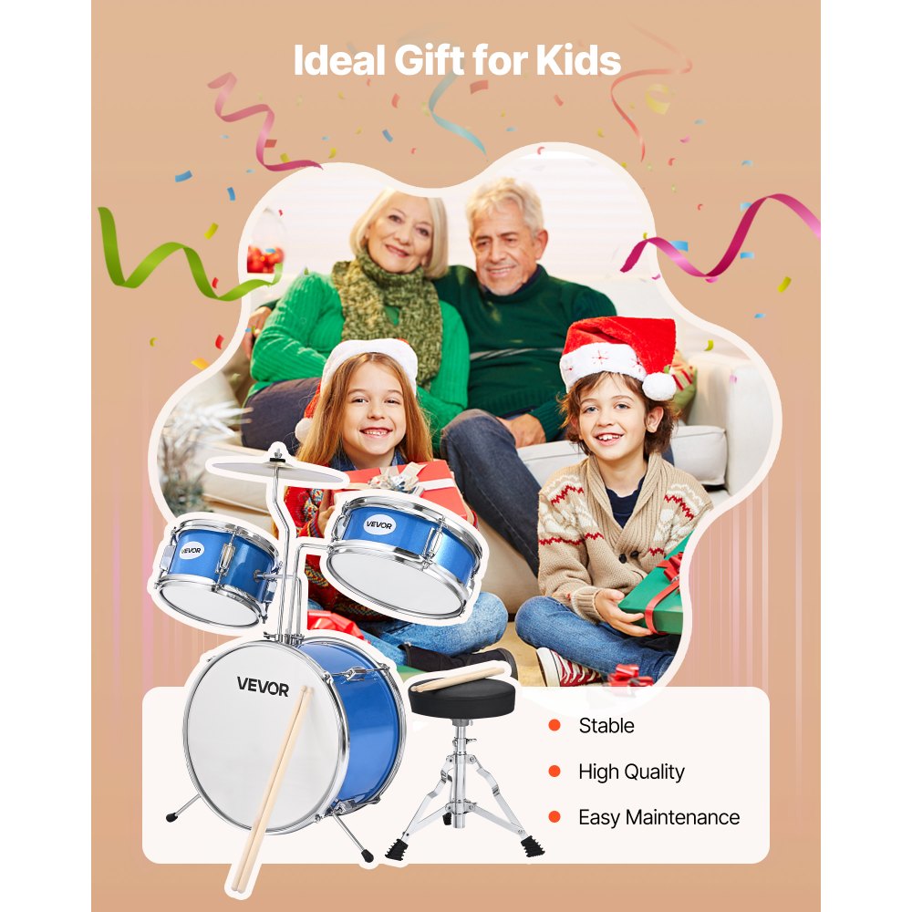 VEVOR Kids Drum Set 3-Piece Beginner Drum Kit with 355.6 mm Bass Drum (Blue)