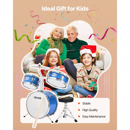 VEVOR Kids Drum Set 3-Piece Beginner Drum Kit with 355.6 mm Bass Drum (Blue)