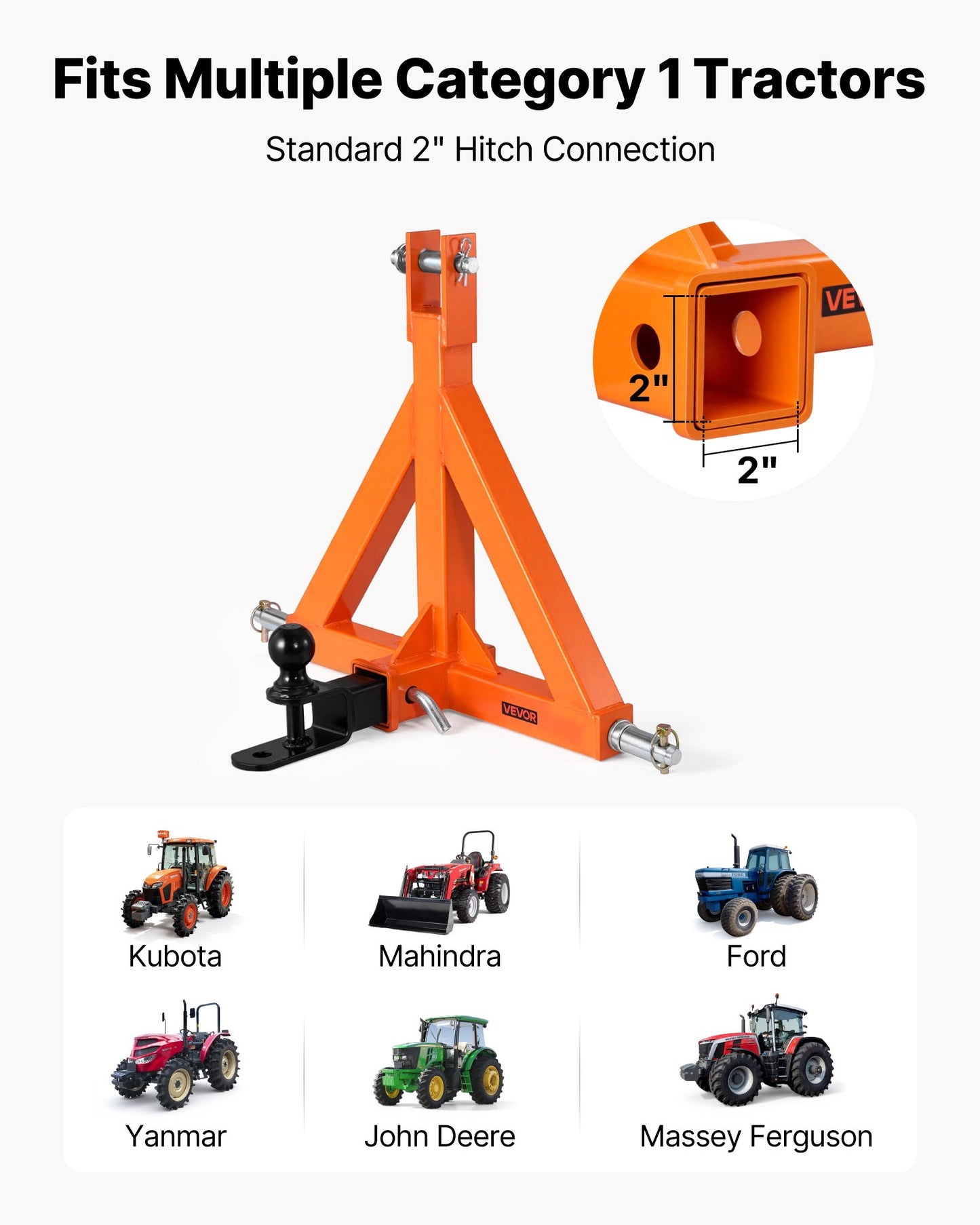 3 Point Trailer Hitch with 50.8mm Receiver, 3 Pt Quick Hitch Attachment with Trailer Ball, Tractor Tow Drawbar Adapter for Category 1, Kubota, Mahindra, Ford, Yanmar, John Deere, Massey Ferguson