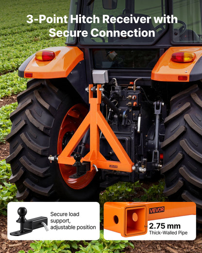 3 Point Trailer Hitch with 50.8mm Receiver, 3 Pt Quick Hitch Attachment with Trailer Ball, Tractor Tow Drawbar Adapter for Category 1, Kubota, Mahindra, Ford, Yanmar, John Deere, Massey Ferguson