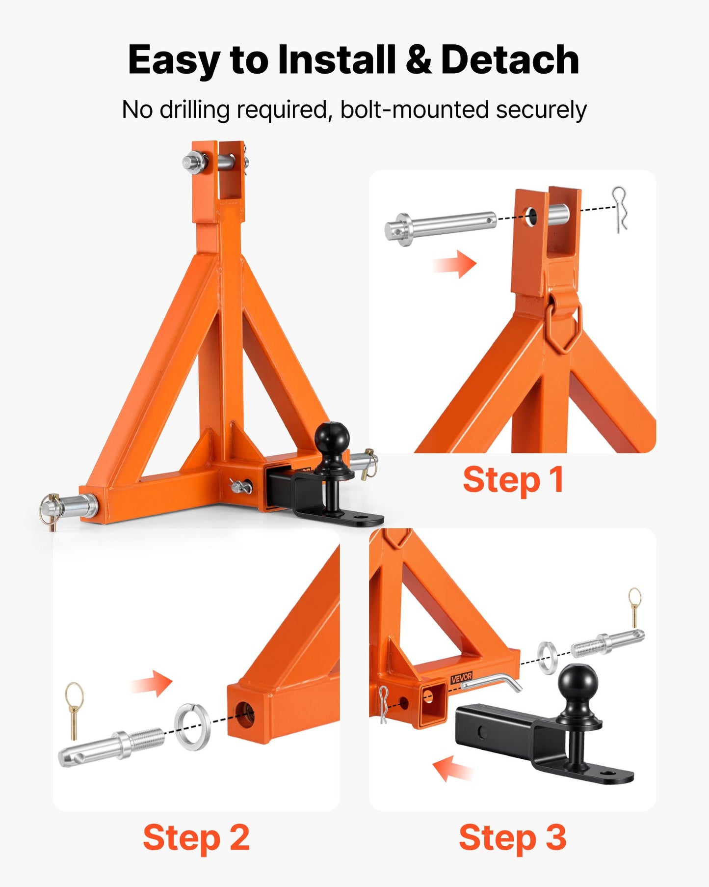 3 Point Trailer Hitch with 50.8mm Receiver, 3 Pt Quick Hitch Attachment with Trailer Ball, Tractor Tow Drawbar Adapter for Category 1, Kubota, Mahindra, Ford, Yanmar, John Deere, Massey Ferguson