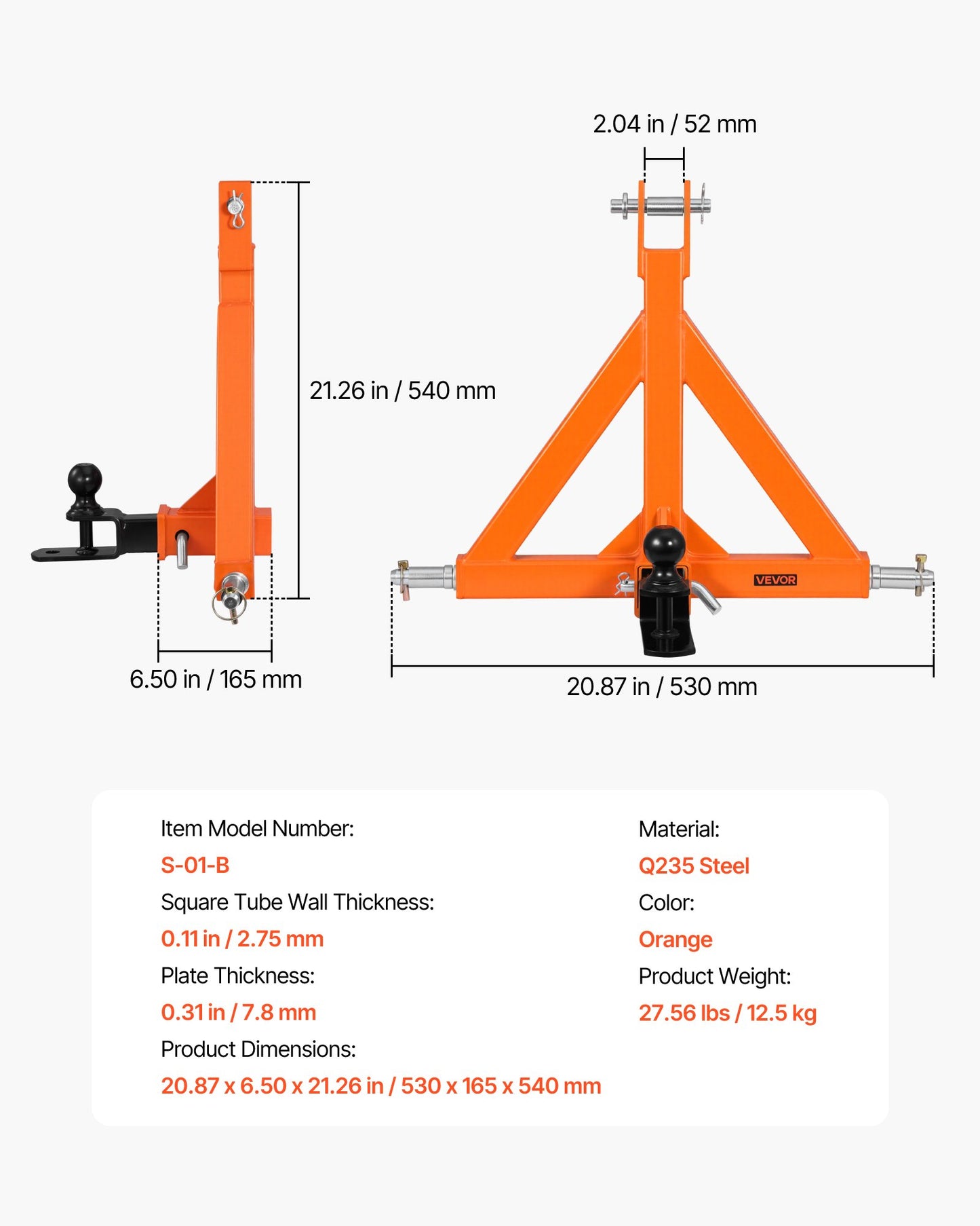 3 Point Trailer Hitch with 50.8mm Receiver, 3 Pt Quick Hitch Attachment with Trailer Ball, Tractor Tow Drawbar Adapter for Category 1, Kubota, Mahindra, Ford, Yanmar, John Deere, Massey Ferguson