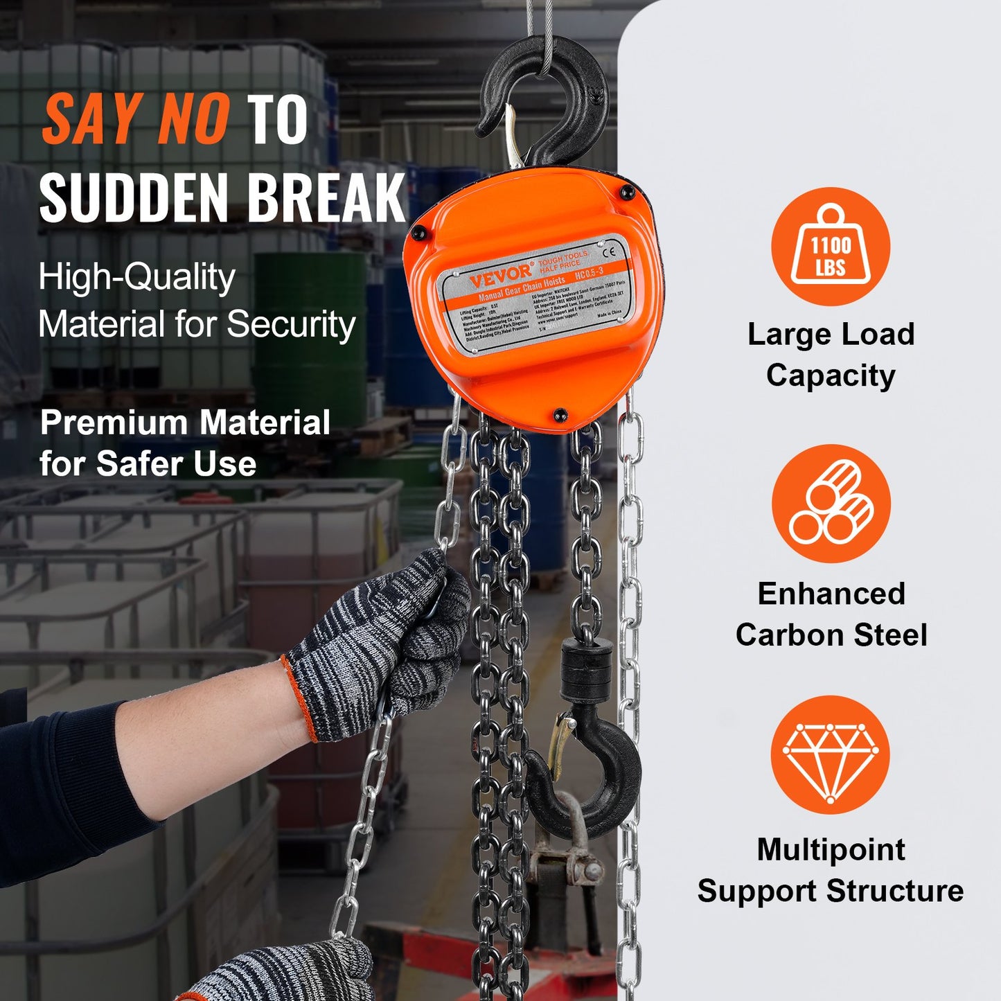 VEVOR Manual Chain Hoist, 1/2 Ton 1100 lbs Capacity 10 FT Come Along, G80 Galvanized