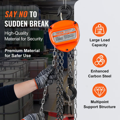 VEVOR Manual Chain Hoist, 1/2 Ton 1100 lbs Capacity 10 FT Come Along, G80 Galvanized