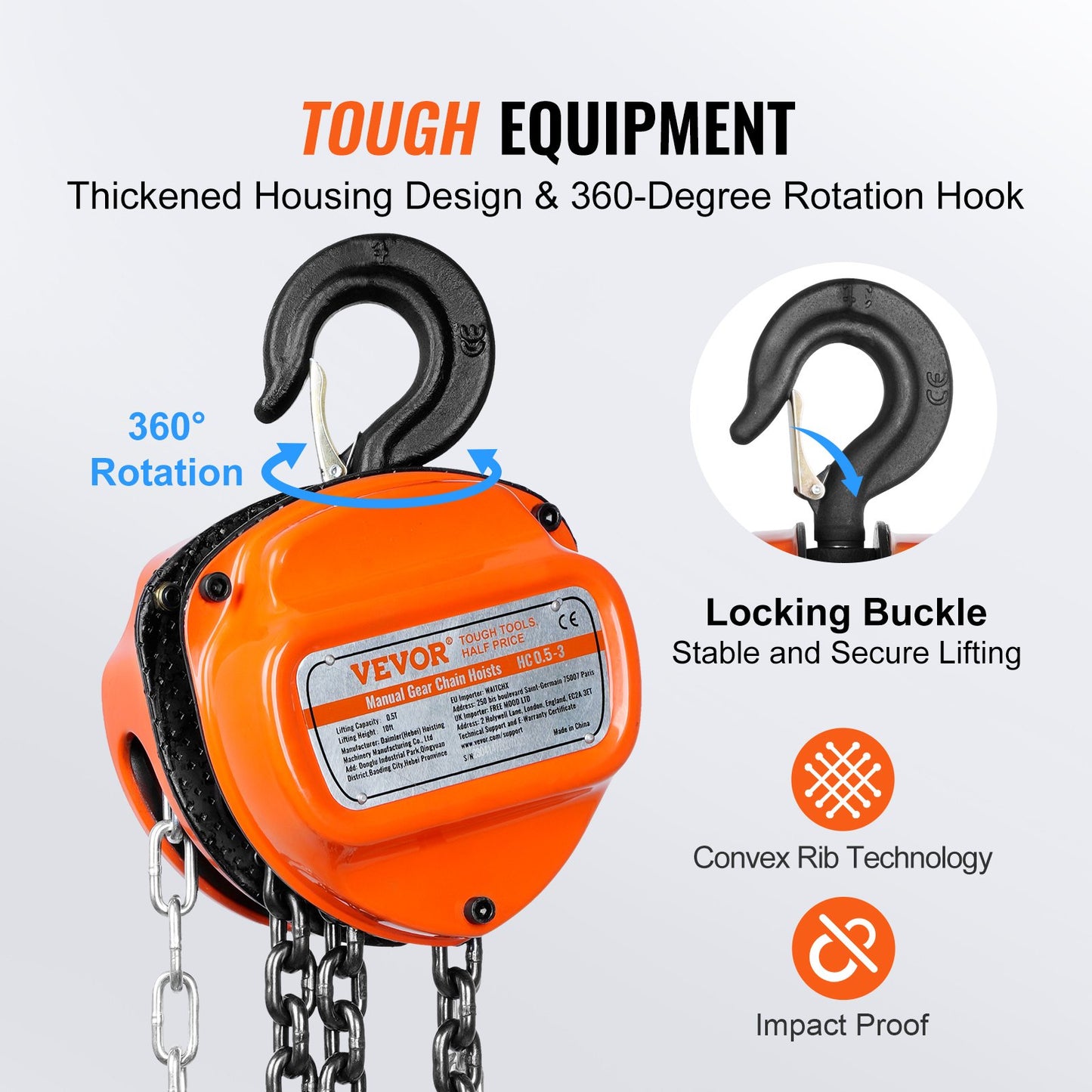 VEVOR Manual Chain Hoist, 1/2 Ton 1100 lbs Capacity 10 FT Come Along, G80 Galvanized