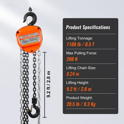 VEVOR Manual Chain Hoist, 1/2 Ton 1100 lbs Capacity 10 FT Come Along, G80 Galvanized