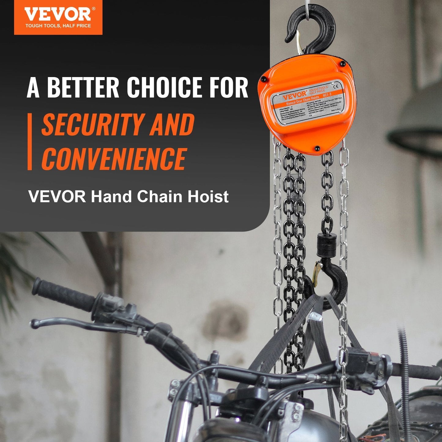 Manual Chain Hoist, 1 Ton Capacity, 2.8m Lift, Alloy Steel, 360° Hook Rotation