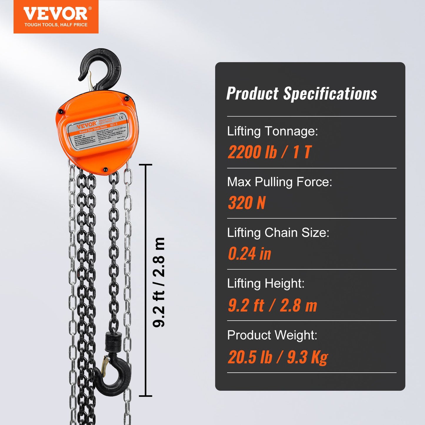 VEVOR Manual Chain Hoist, 1 Ton 2200 lbs Capacity 10 FT Come Along, G80 Galvanized