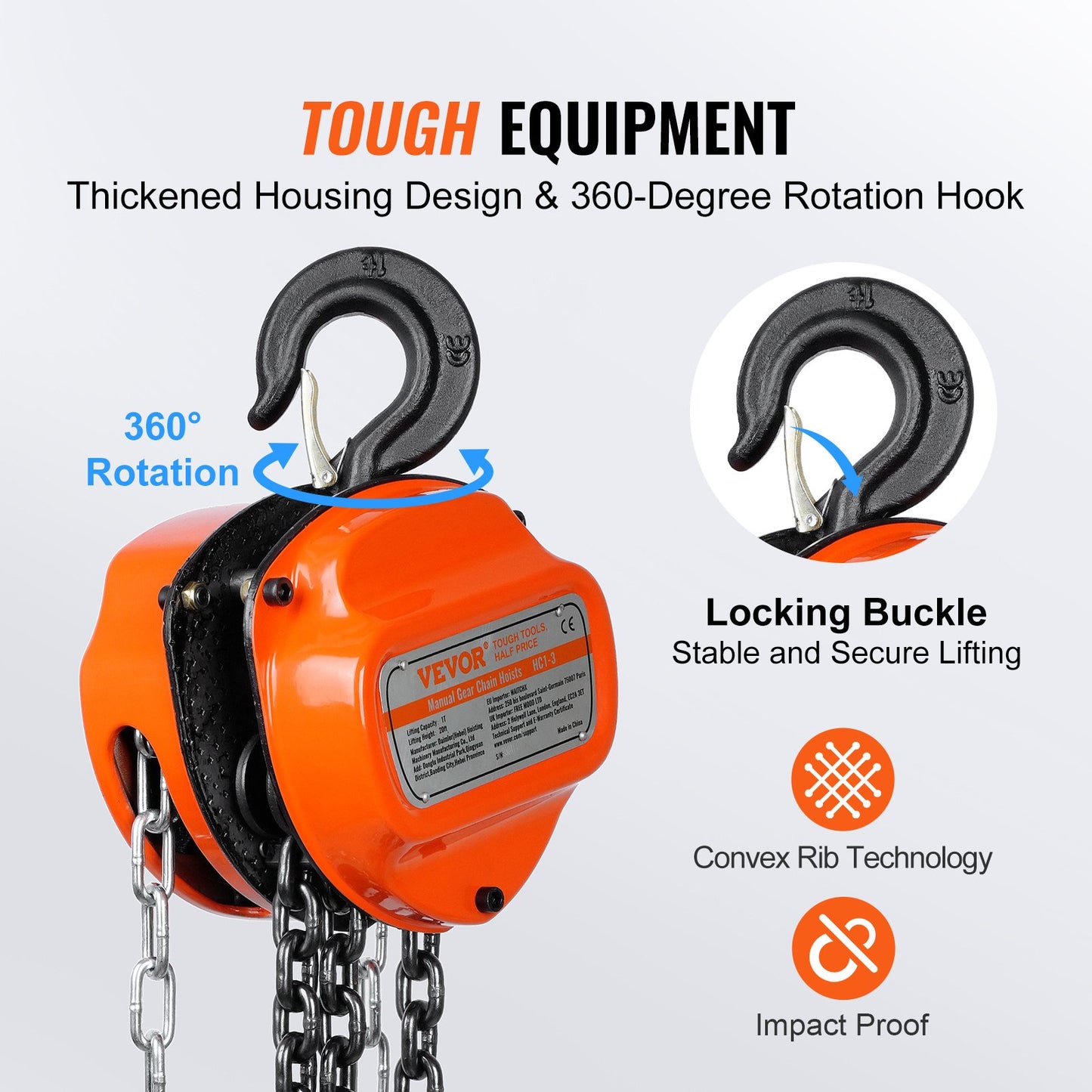 VEVOR Manual Chain Hoist, 1 Ton 2200 lbs Capacity 20 FT Come Along, G80 Galvanized