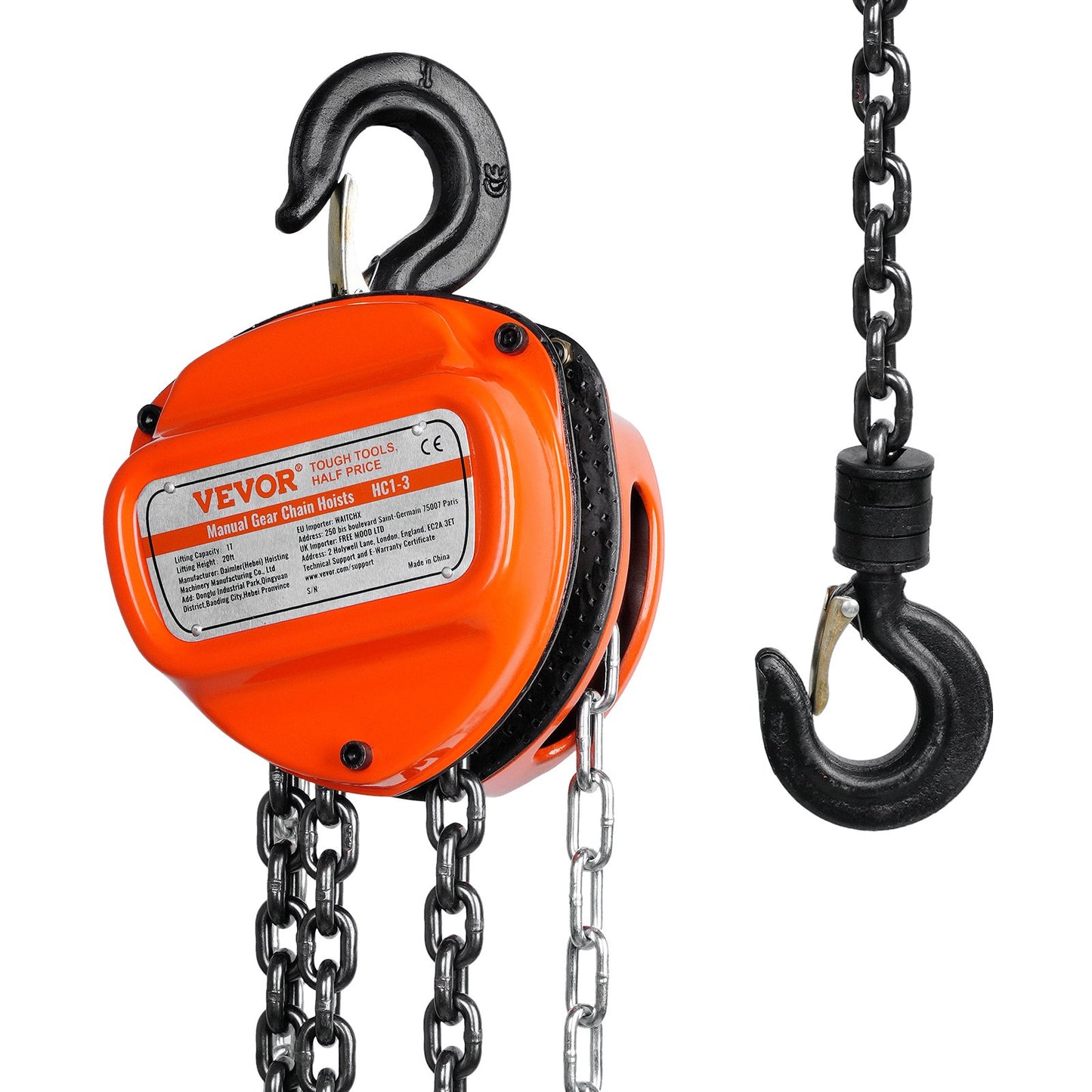 VEVOR Manual Chain Hoist, 1 Ton 2200 lbs Capacity 20 FT Come Along, G80 Galvanized