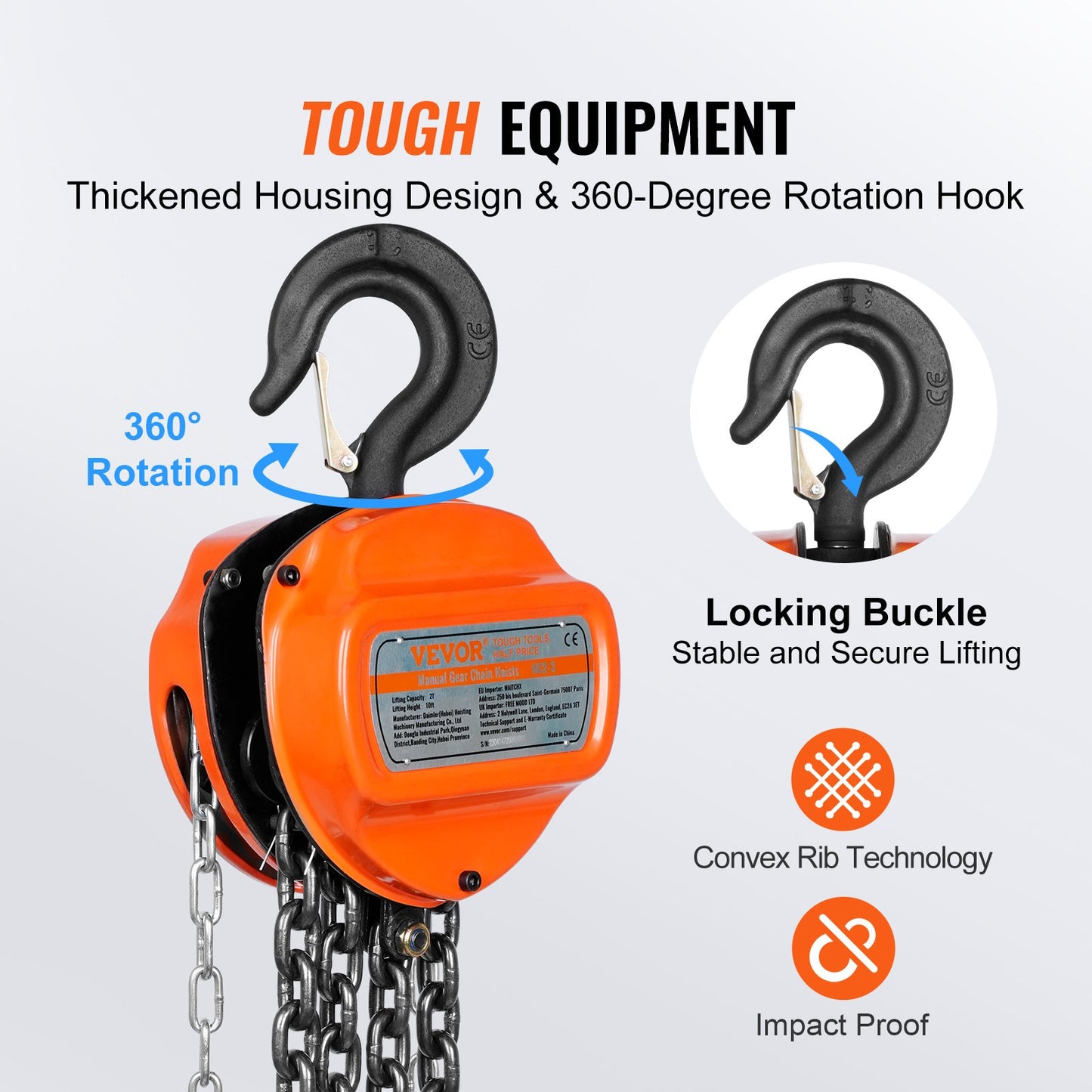 VEVOR Manual Chain Hoist, 2 Ton 4400 lbs Capacity 10 FT Come Along, G80 Galvanized
