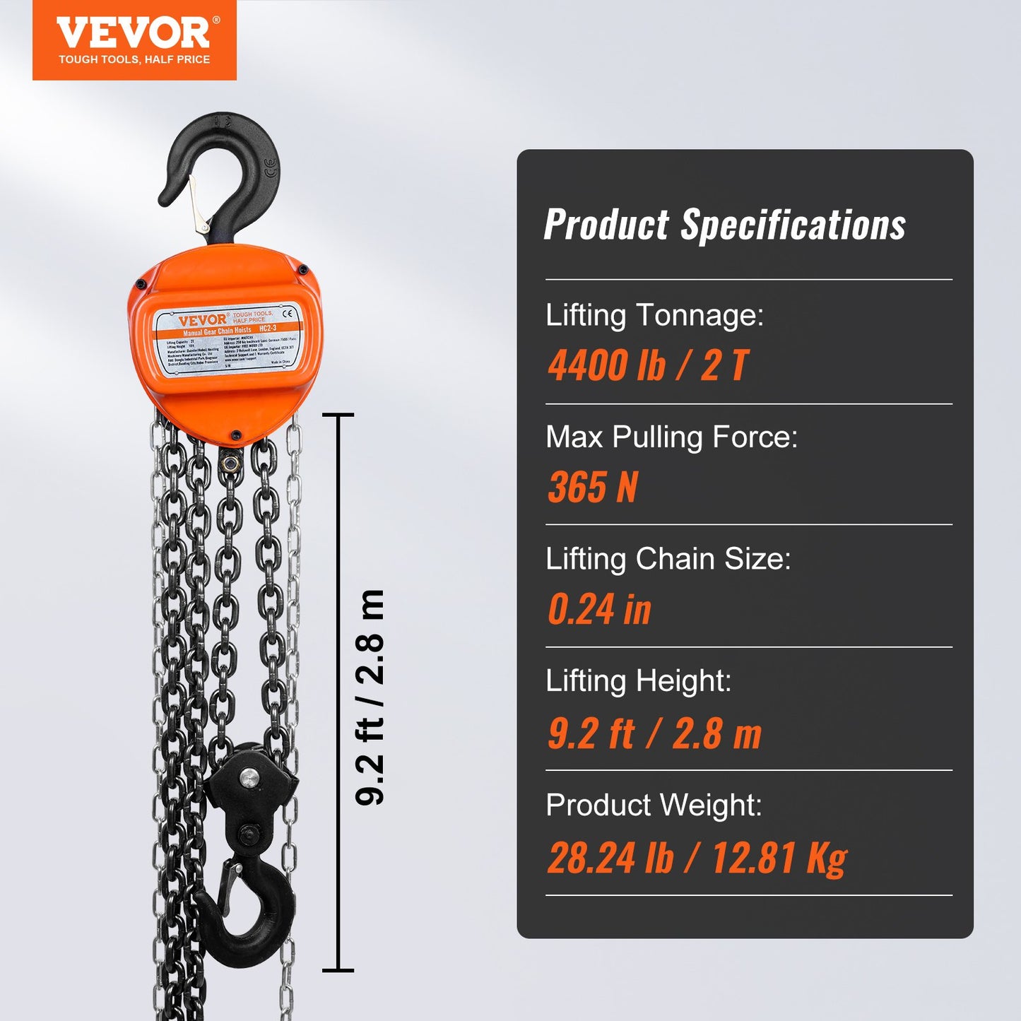 VEVOR Manual Chain Hoist, 2 Ton 4400 lbs Capacity 10 FT Come Along, G80 Galvanized