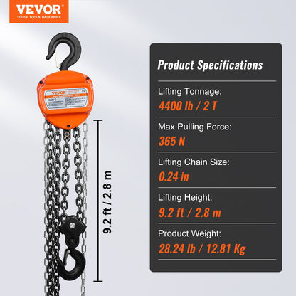 VEVOR Manual Chain Hoist, 2 Ton 4400 lbs Capacity 10 FT Come Along, G80 Galvanized