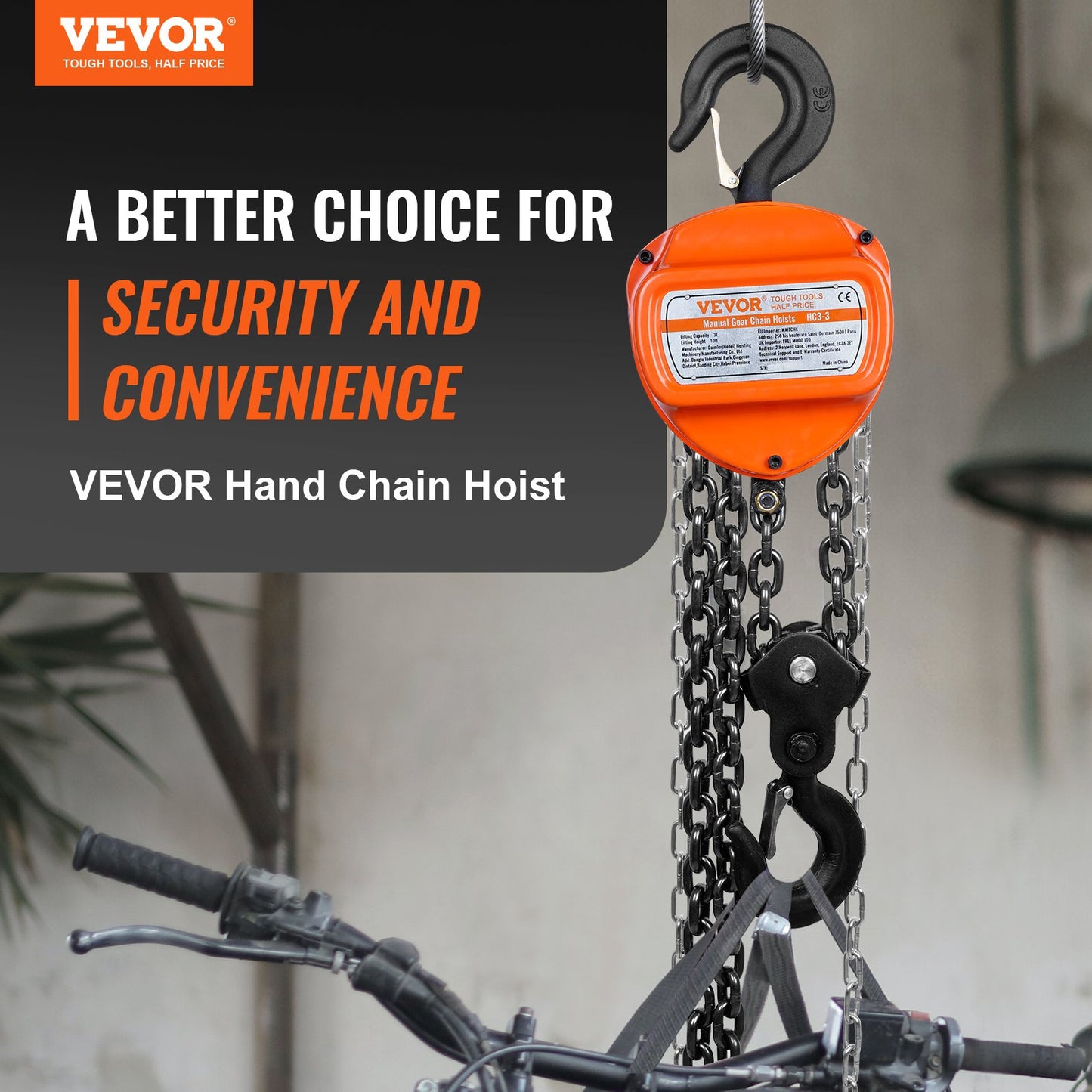 VEVOR Manual Chain Hoist, 3 Ton 6600 lbs Capacity 10 FT Come Along, G80 Galvanized
