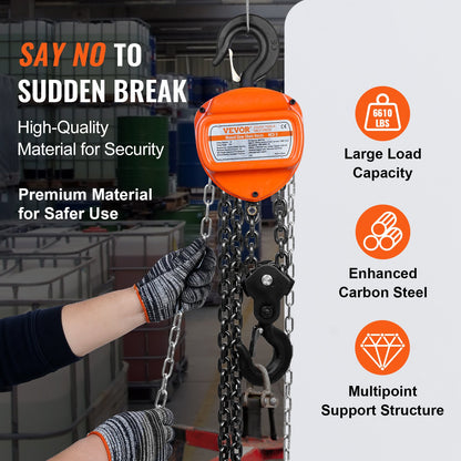 VEVOR Manual Chain Hoist, 3 Ton 6600 lbs Capacity 10 FT Come Along, G80 Galvanized
