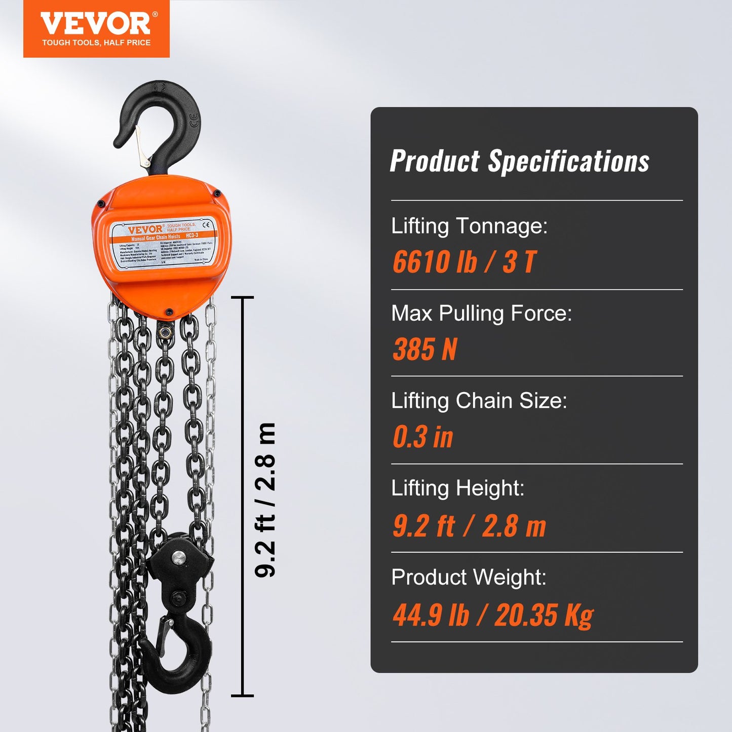 VEVOR Manual Chain Hoist, 3 Ton 6600 lbs Capacity 10 FT Come Along, G80 Galvanized
