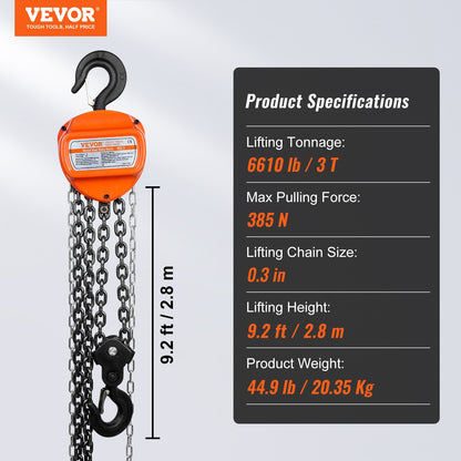 VEVOR Manual Chain Hoist, 3 Ton 6600 lbs Capacity 10 FT Come Along, G80 Galvanized