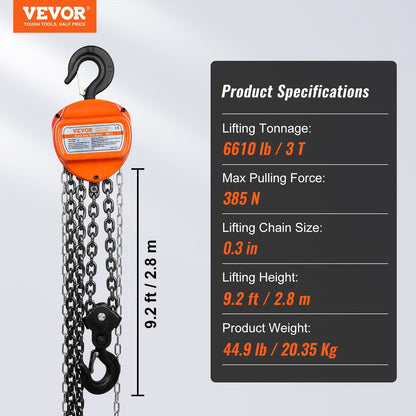 3-Ton Manual Chain Hoist, 2.8m Lift Capacity, Alloy Steel, Double-Pawl Brake