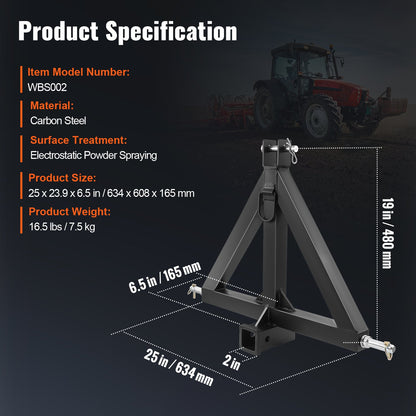 VEVOR 3 Point Hitch Receiver, 3 Point 2" Receiver Trailer Hitch Category 1 Tractor