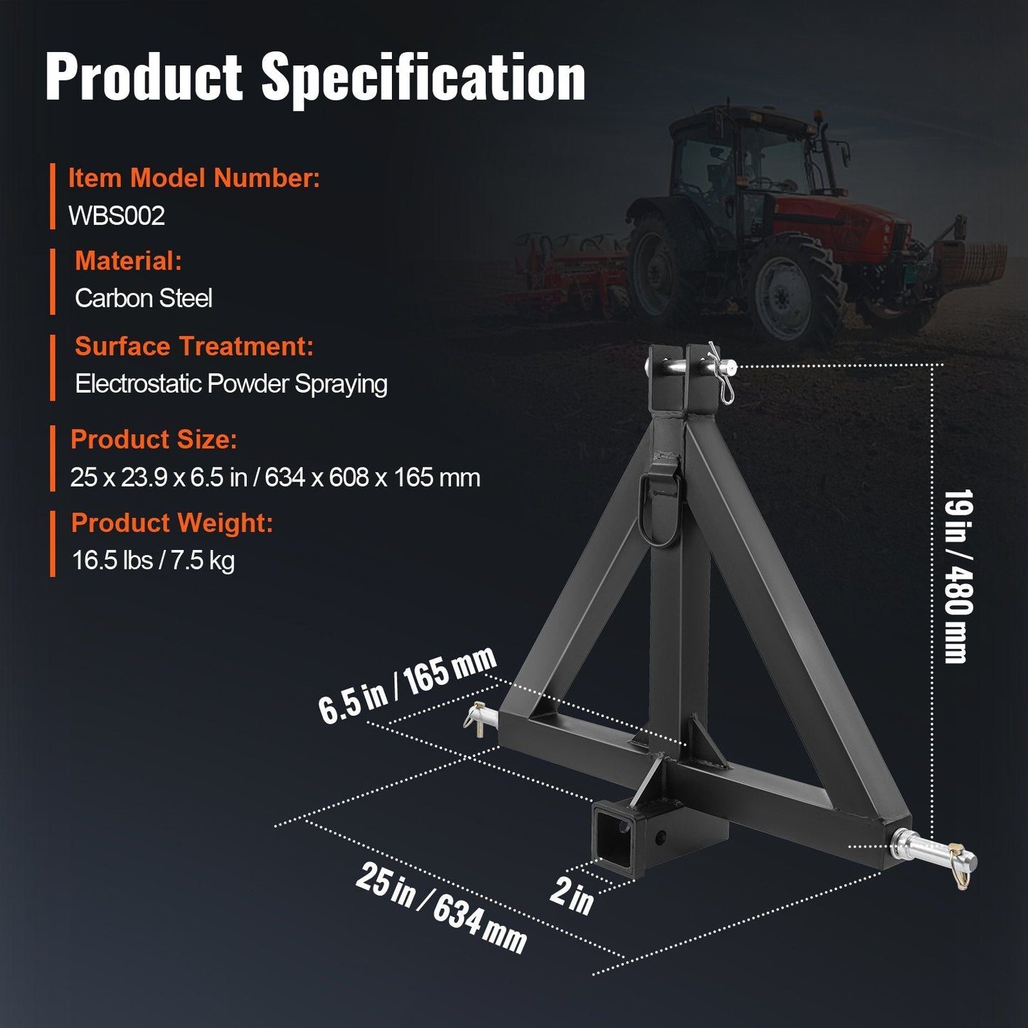 3-Point Hitch Receiver Adapter, 2" Tractor Tow Bar, Carbon Steel, 7.5 kg