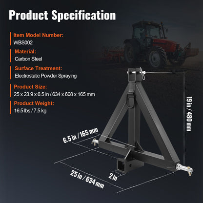 3-Point Hitch Receiver Adapter, 2" Tractor Tow Bar, Carbon Steel, 7.5 kg