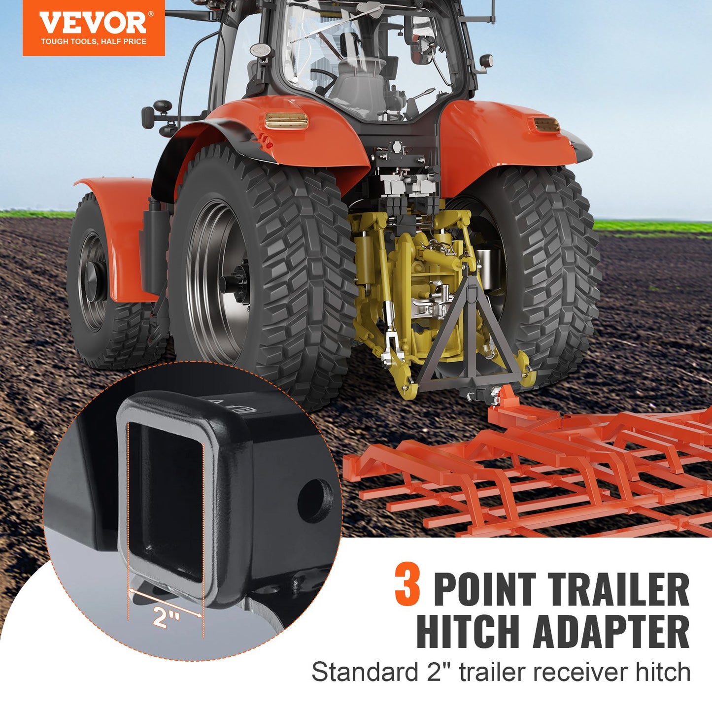 VEVOR 3 Point Hitch Receiver, 2" Receiver Trailer Hitch Category 1 Tractor Tow Drawbar