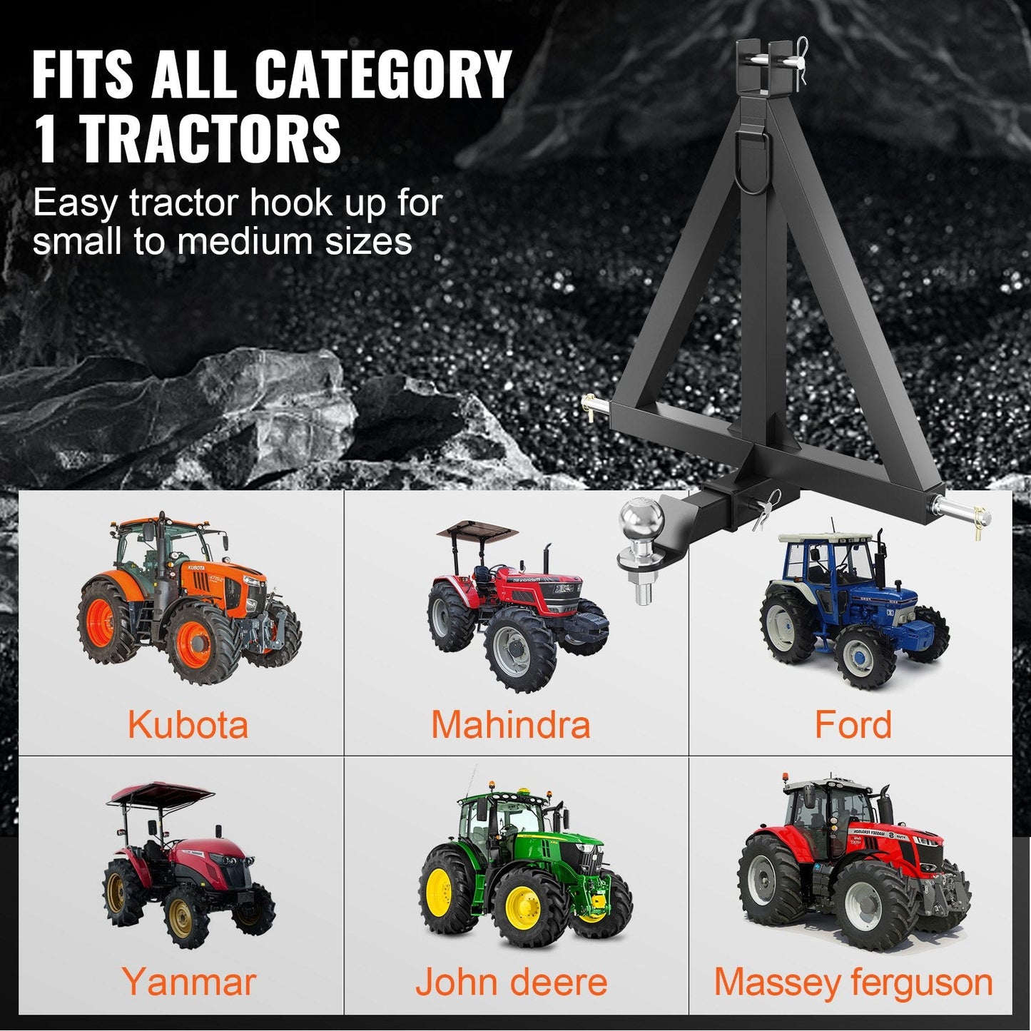 3-Point Tractor Hitch Receiver, Category 1 Tow Drawbar, Carbon Steel, 635mm