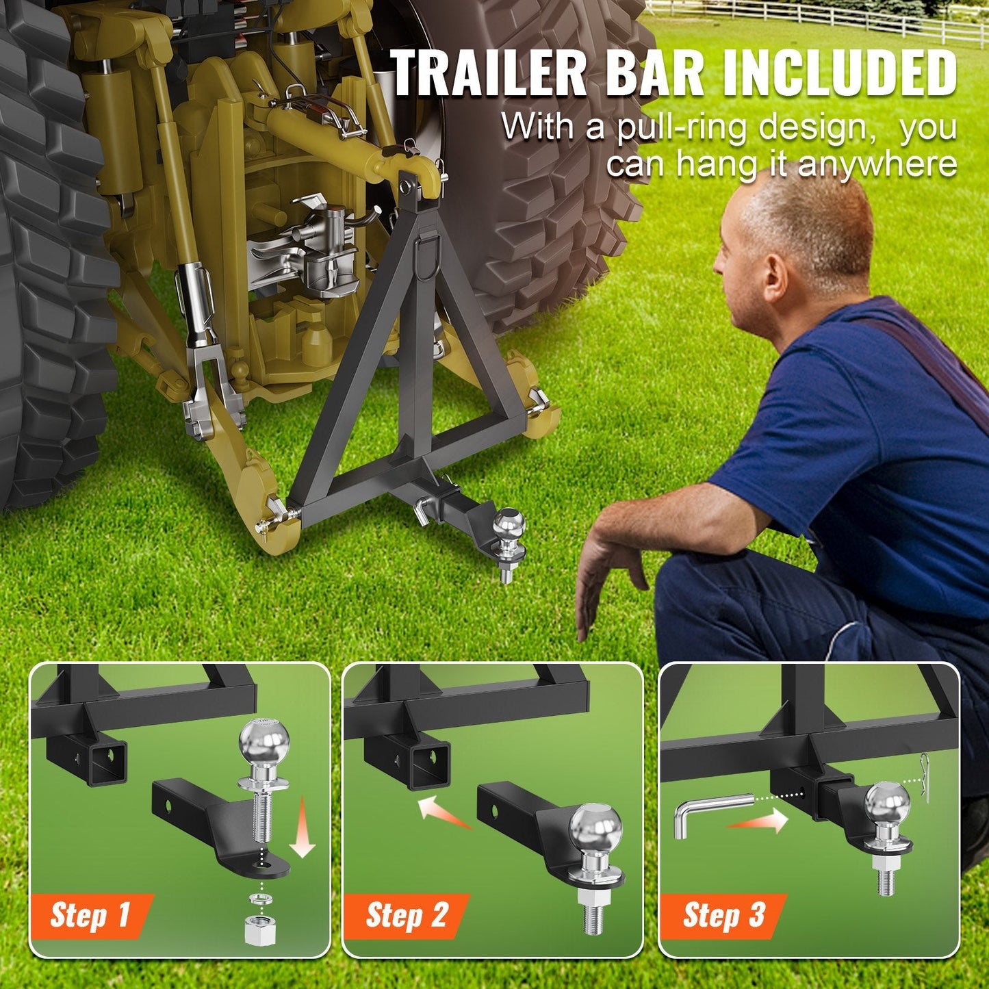 3-Point Tractor Hitch Receiver, Category 1 Tow Drawbar, Carbon Steel, 635mm