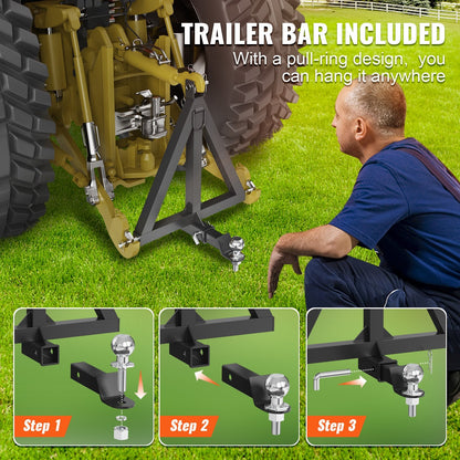 3-Point Tractor Hitch Receiver, Category 1 Tow Drawbar, Carbon Steel, 635mm
