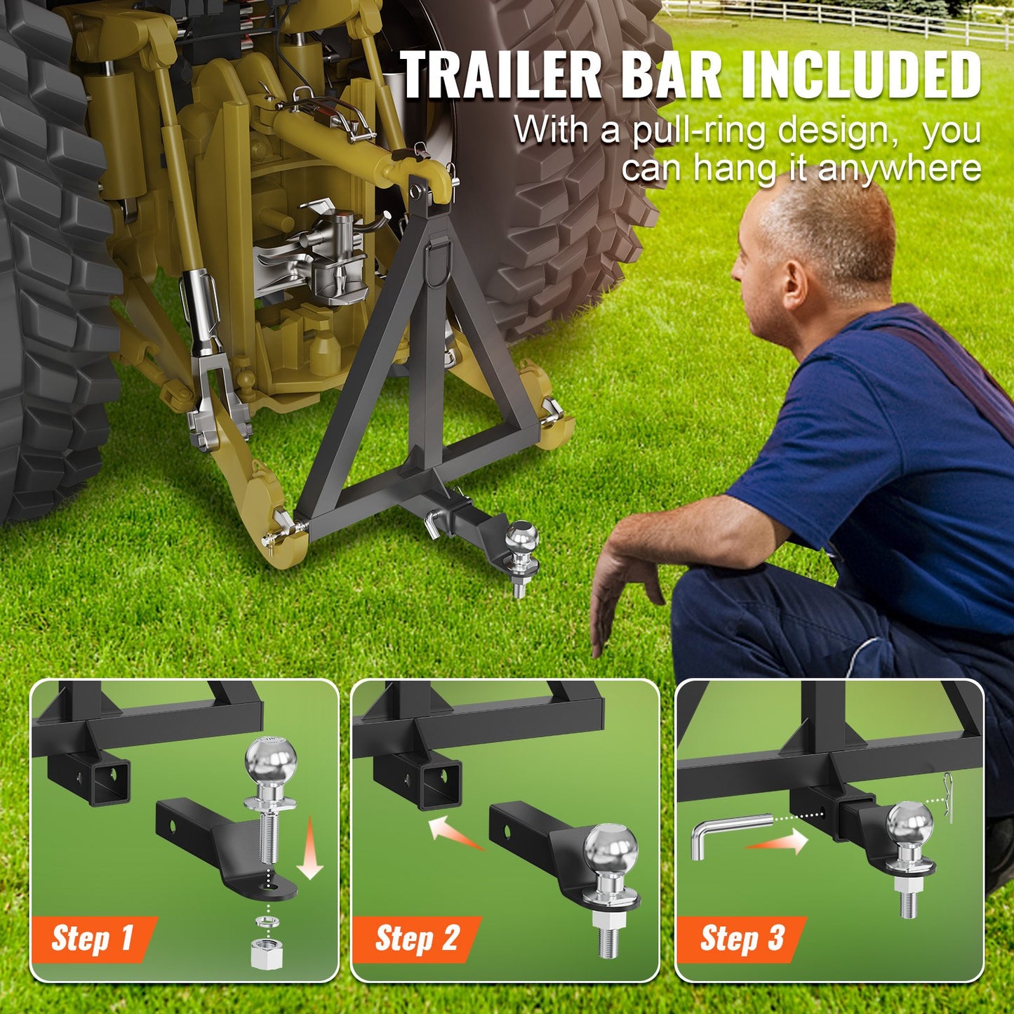 VEVOR 3 Point Hitch Receiver, 2" Receiver Trailer Hitch Category 1 Tractor Tow Drawbar