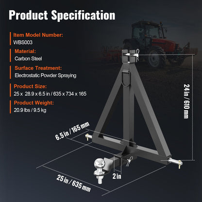 3-Point Tractor Hitch Receiver, Category 1 Tow Drawbar, Carbon Steel, 635mm