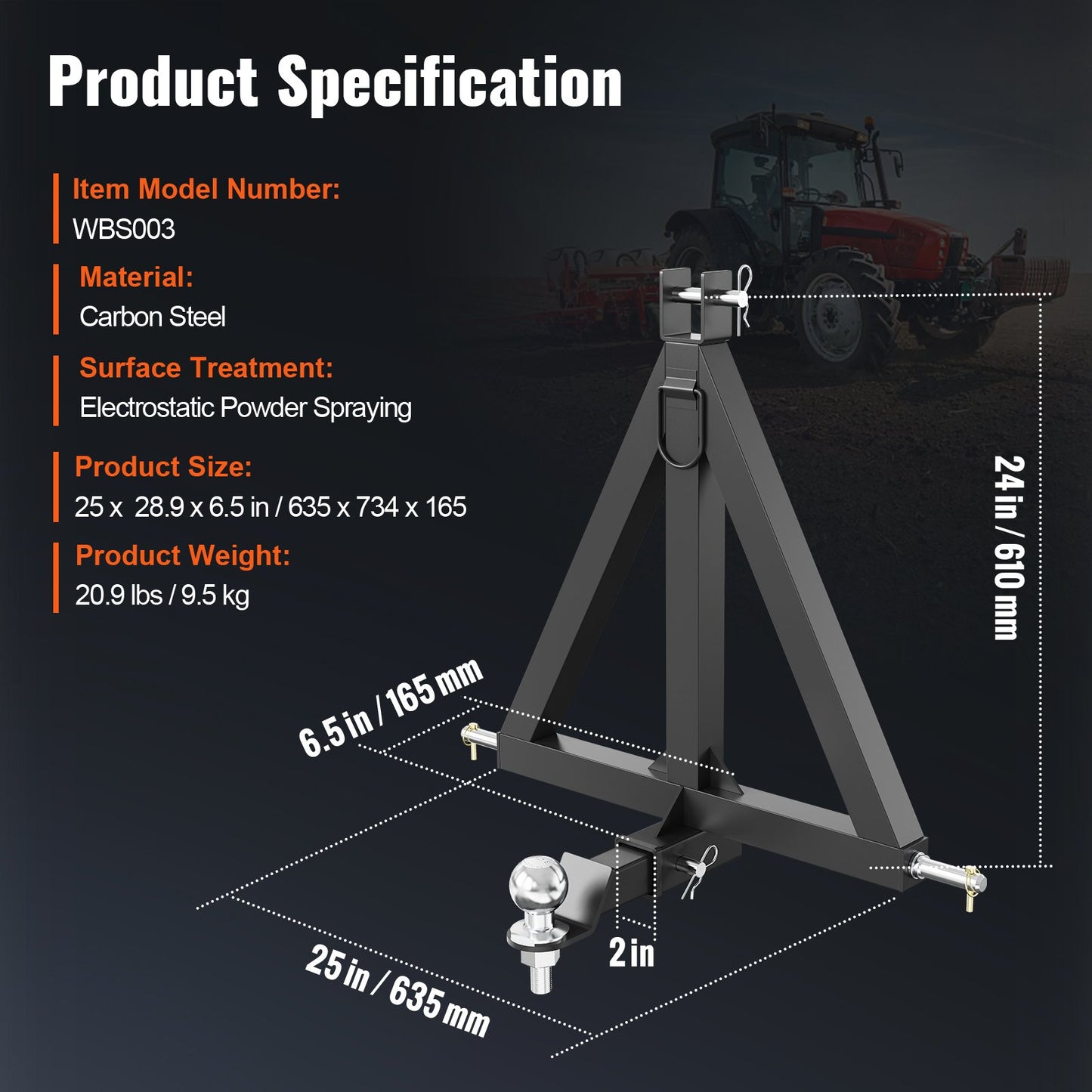 VEVOR 3 Point Hitch Receiver, 2" Receiver Trailer Hitch Category 1 Tractor Tow Drawbar