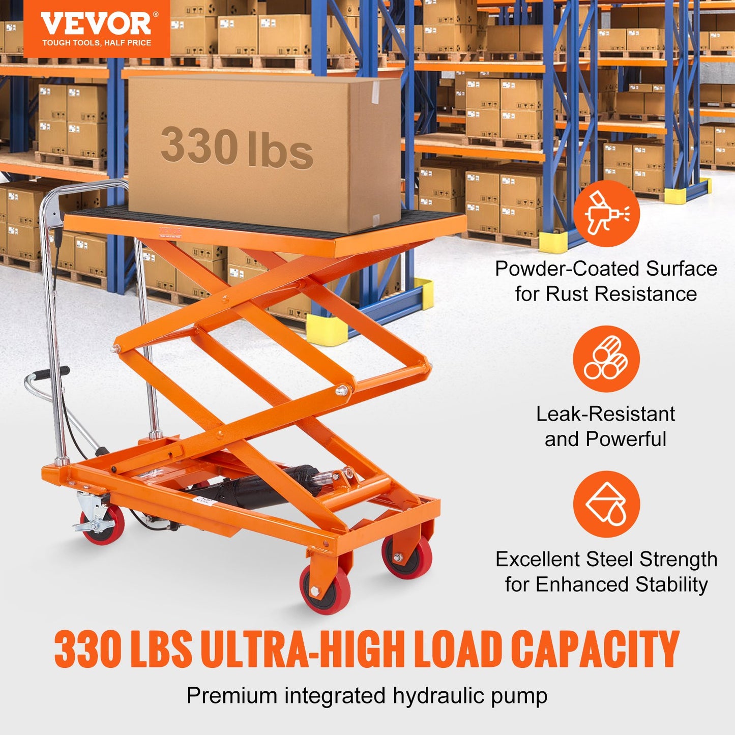 VEVOR Hydraulic Lift Table Cart, 330lbs Capacity 50" Lifting Height, Manual Double