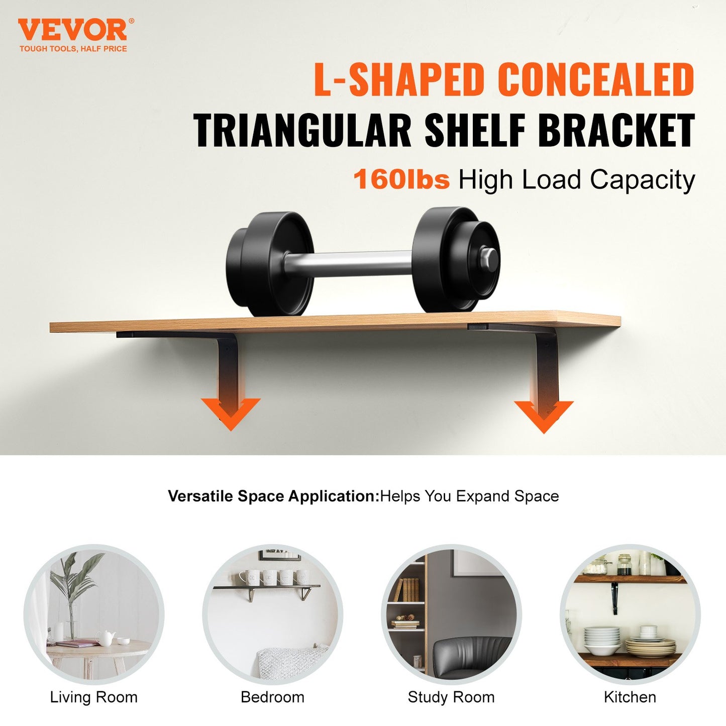 VEVOR Shelf Bracket, Heavy Duty Floating Shelf Brackets 25.6 x 15.5 cm, 4 Pcs Brackets