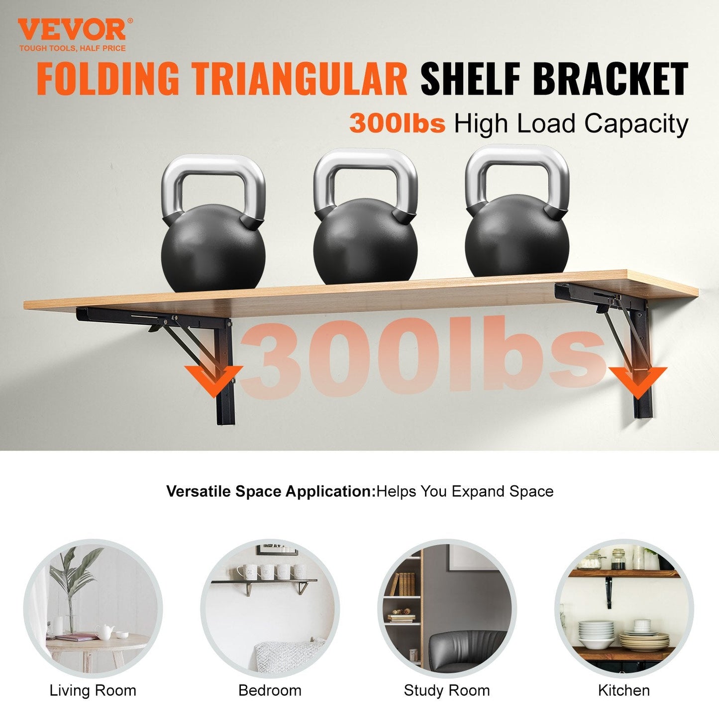 Foldable Heavy-Duty Shelf Brackets, 61.3 cm, 136 kg Load, Matte Black, 2-Pack
