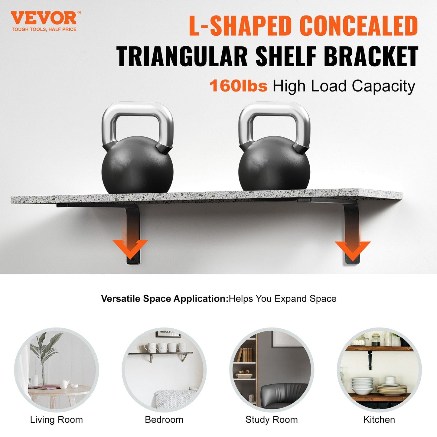 Heavy Duty Steel Shelf Brackets, 41x15.5 cm, 4 Pcs, 72.6 kg Capacity, Matte Black