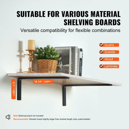 Heavy Duty Steel Shelf Brackets, 41x15.5 cm, 4 Pcs, 72.6 kg Capacity, Matte Black