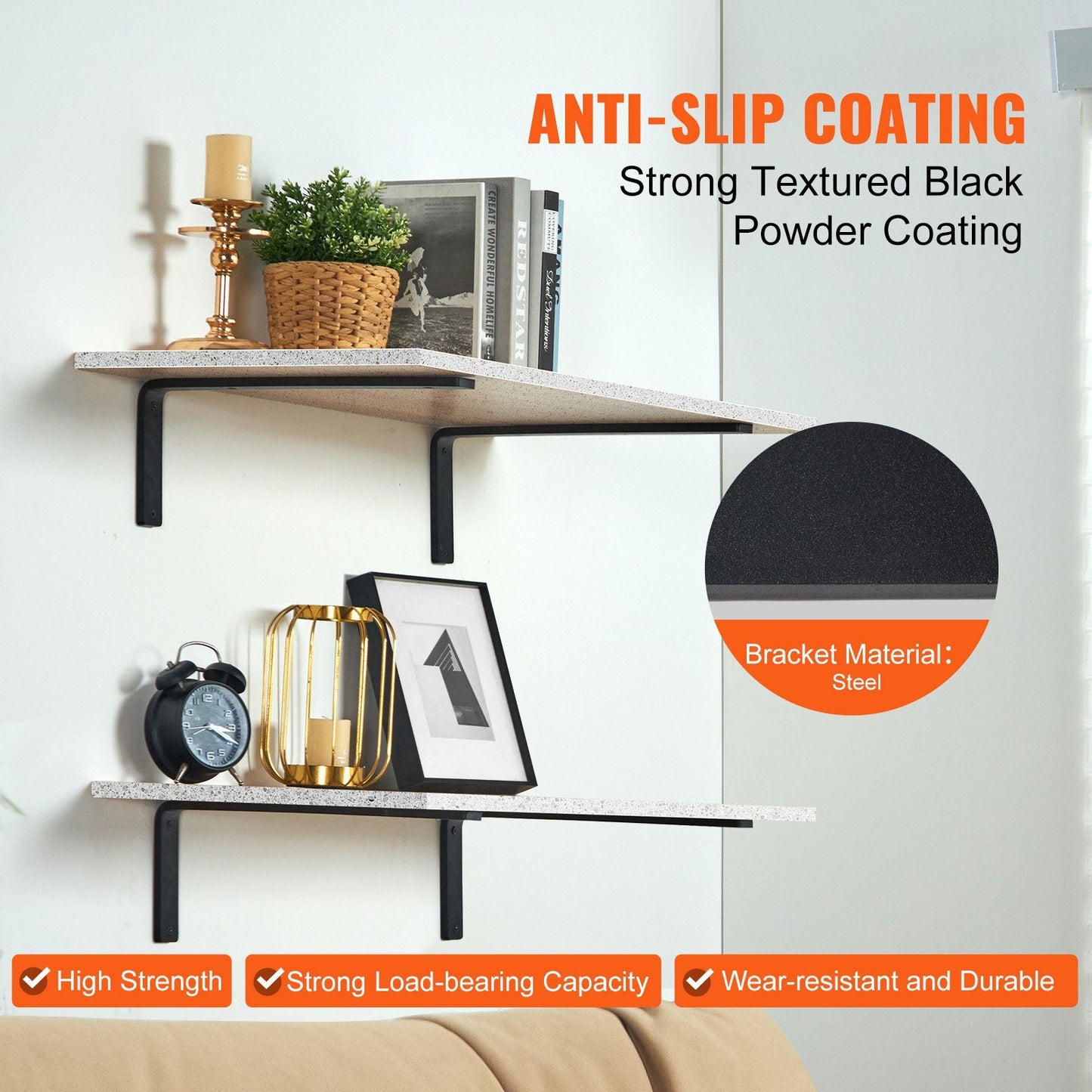 Heavy Duty Steel Shelf Brackets, 41x15.5 cm, 4 Pcs, 72.6 kg Capacity, Matte Black